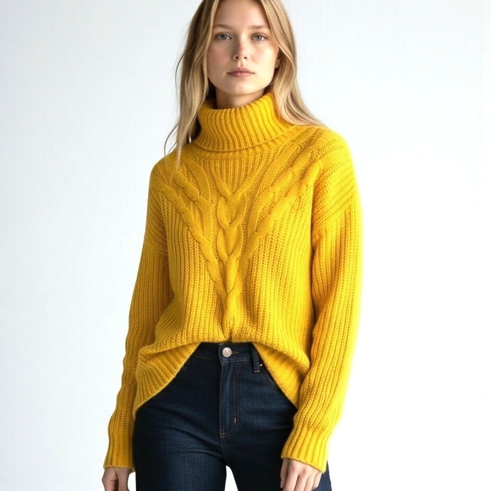 Lands' End Turtleneck Sweater Womens M Yellow Excellent Cable Knit Chunky Cotton